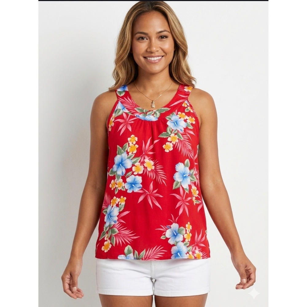 Hawaii Hangover Womens Red Floral Hibiscus Tropical Rayon Tank Top XL
